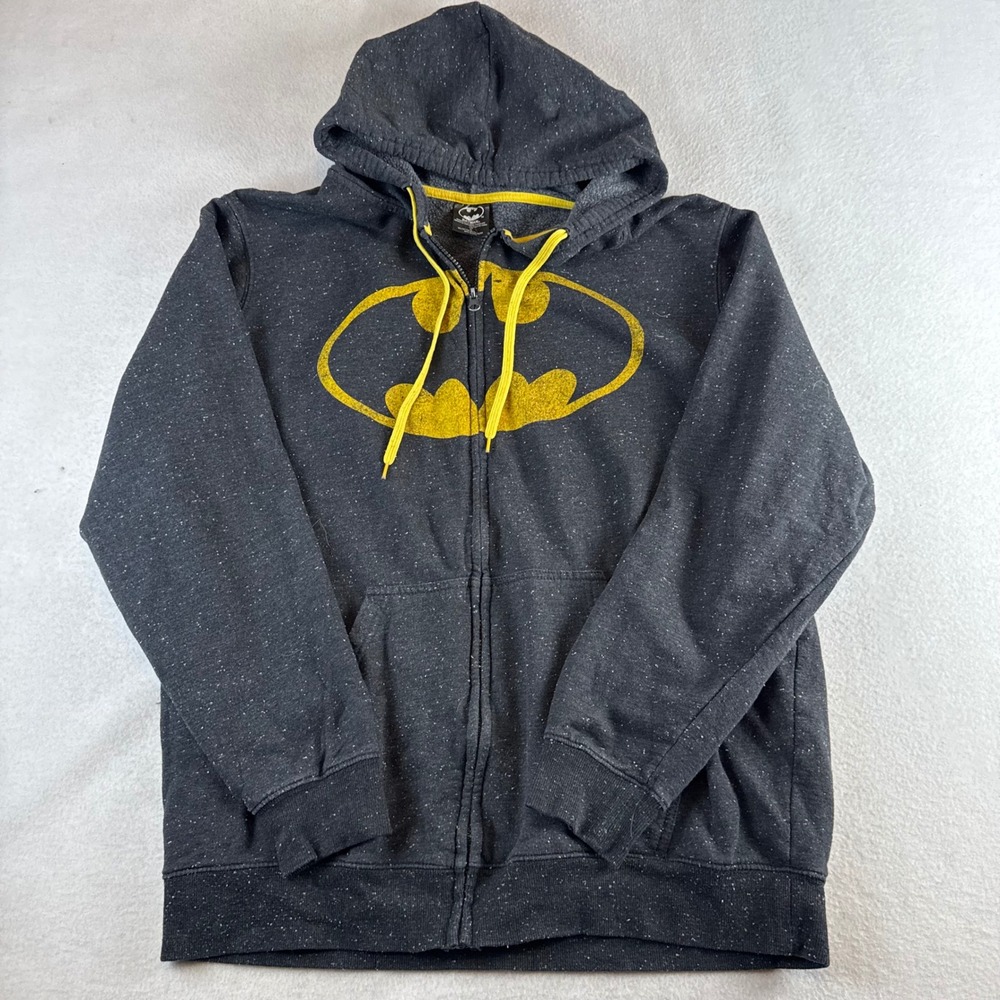 Batman Mens XL Full Zip Hoodie Charcoal Grey Speckled Yellow Logo DC Comics